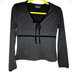 Malibu Y2K Black Long Sleeve V-Neck Velvet Trim Tie Front Top Womens Small